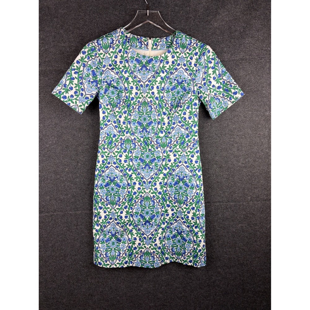 Boden Blue Green Damask Floral Cotton Shift Dress Pockets Womens 2P D0342 NWT